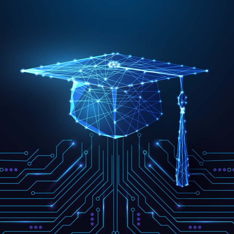 A graduation cap rendered as a glowing wireframe above circuit-board traces.